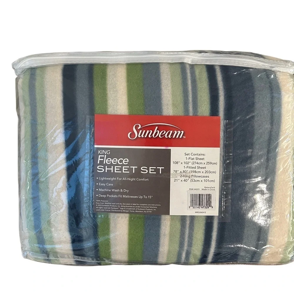 Sunbeam King Fleece Sheet Set Striped Green Blue Bakersfield (NWT).